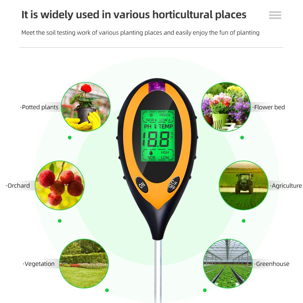 4 in 1 Soil PH Moisture Meter PH Meter Flower Temperature Humidity Sunlight Tester Acidity Hygrometer for Farm Plant Garden