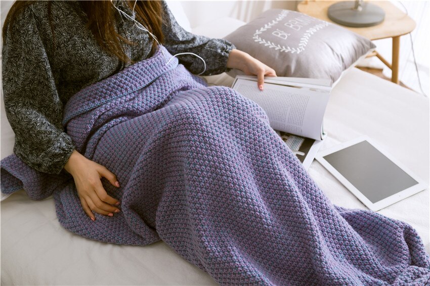 Rose pink Mermaid Tail Blanket Yarn Knitted Handmade Crochet Mermaid Blanket Kids Throw Bed Wrap Super Soft Sleeping Bed Blanket: Purple / 70X140cm