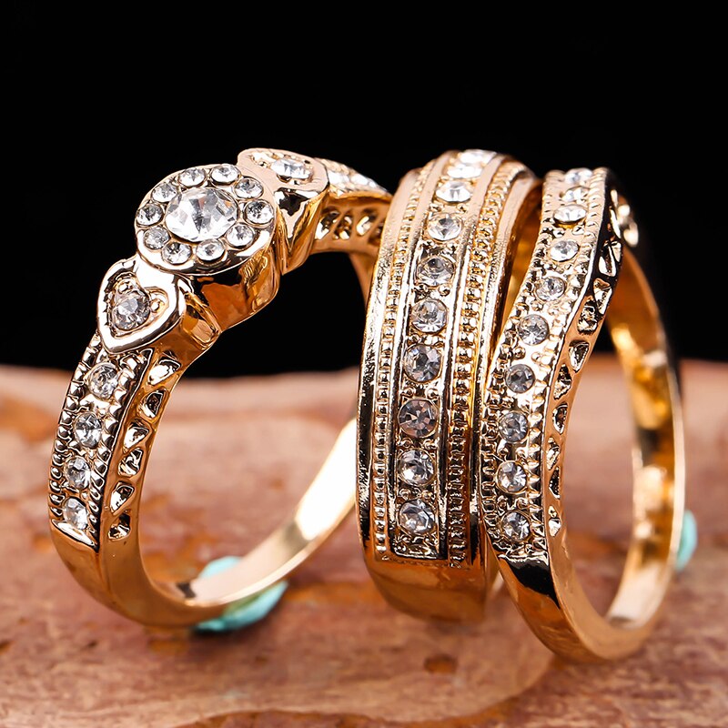 Gorgeous Yellow Gold Filled Rhinestone CZ Wedding Rings Luxury Love Heart Shaped Couple Rings Charm Jewelry 3 Pcs/Set Z5M398