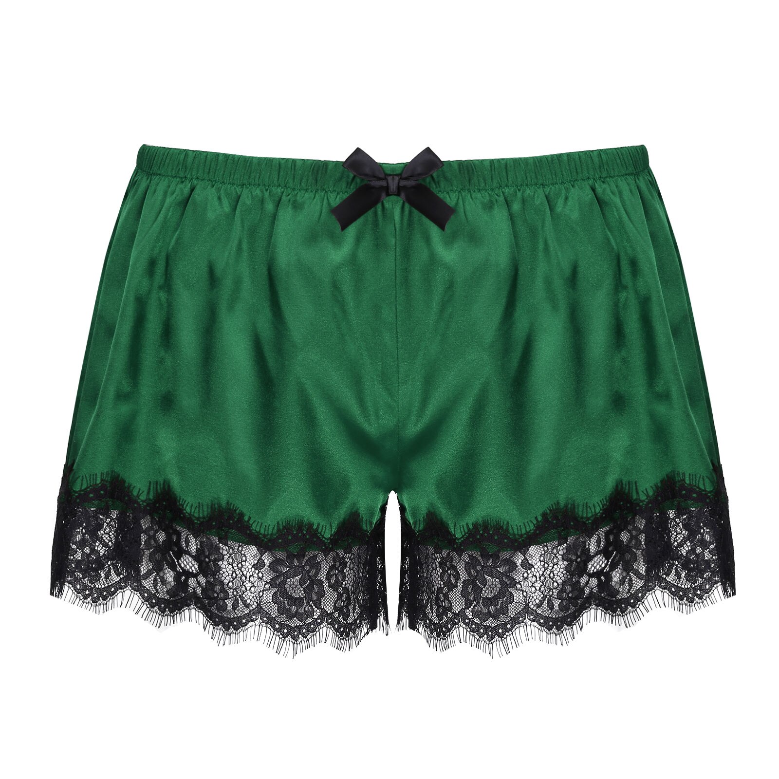 Men Satin Shorts Sleepwear Elastic Waistband Lace Trimming Pajama Pants Nightwear Birthday: Green / XL