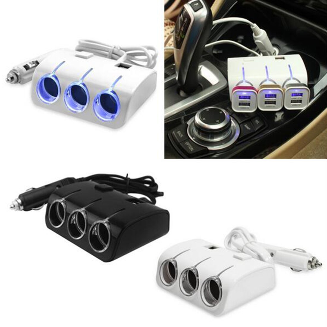Dewtreetali 3 stopcontacten 120w auto sigarettenaansteker splitter 2 usb poorten oplader adapter met schakelaar