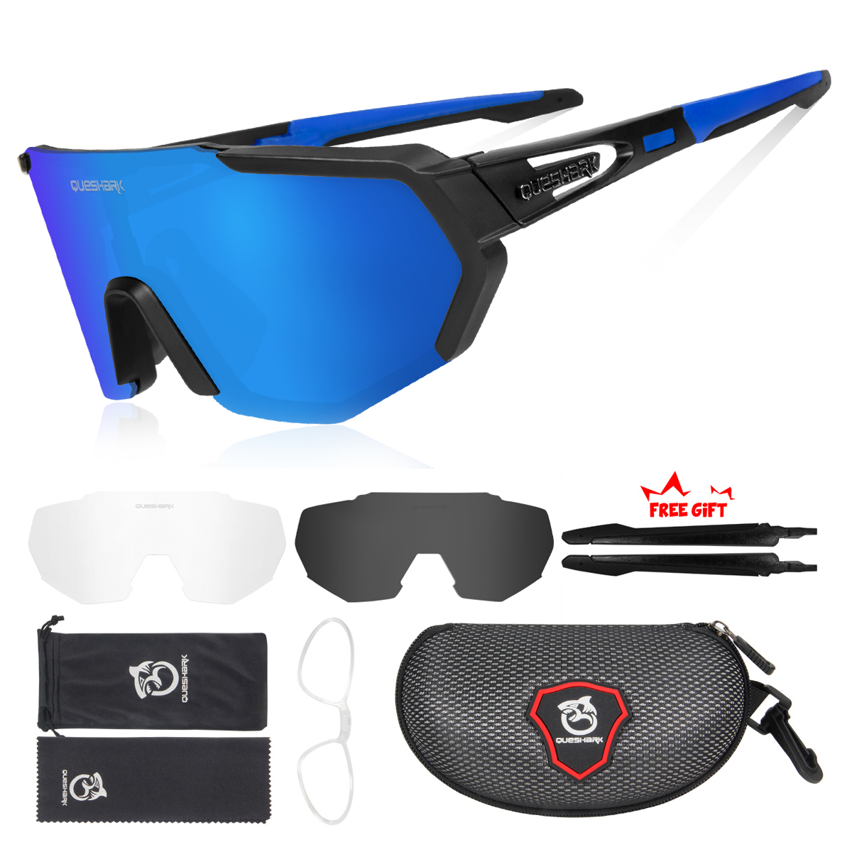 QUESHARK mujeres hombres polarizadas 3 lentes conjunto ciclismo gafas de sol deportes MTB bicicleta gafas montar bicicleta de carretera gafas QE42: Azul