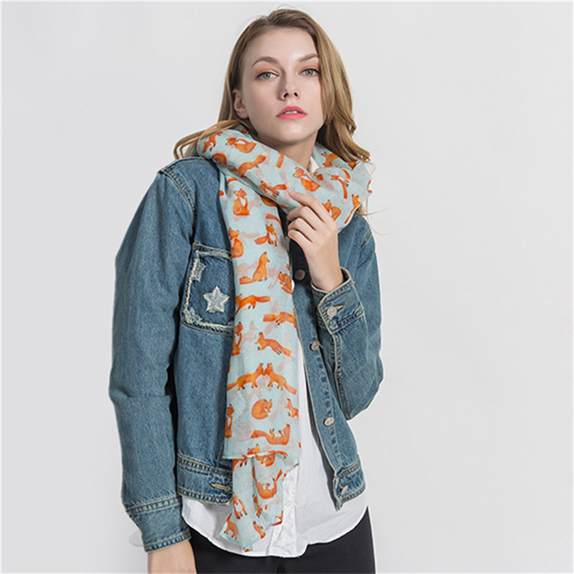 YGYEEG Women Fox Scarf Voile Girl Long Cute Fox Print Scarf Wraps Shawl Soft Scarves Female Cute Tippet Foulard Cachecol Shawl: Light green