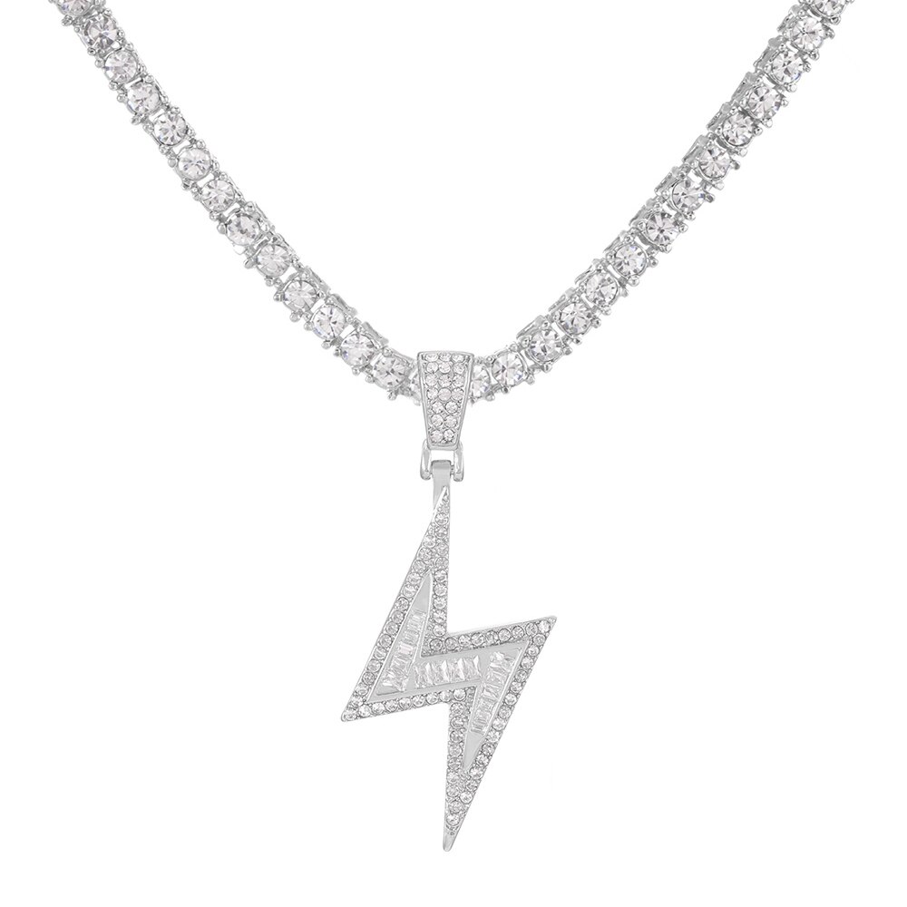 Hip Hop Lightning Pendant Necklace Gold Tennis Chain Iced Out Rhinestone Necklaces for Women Men collares de moda: Tennis Chain Silver / 30inch(75cm)