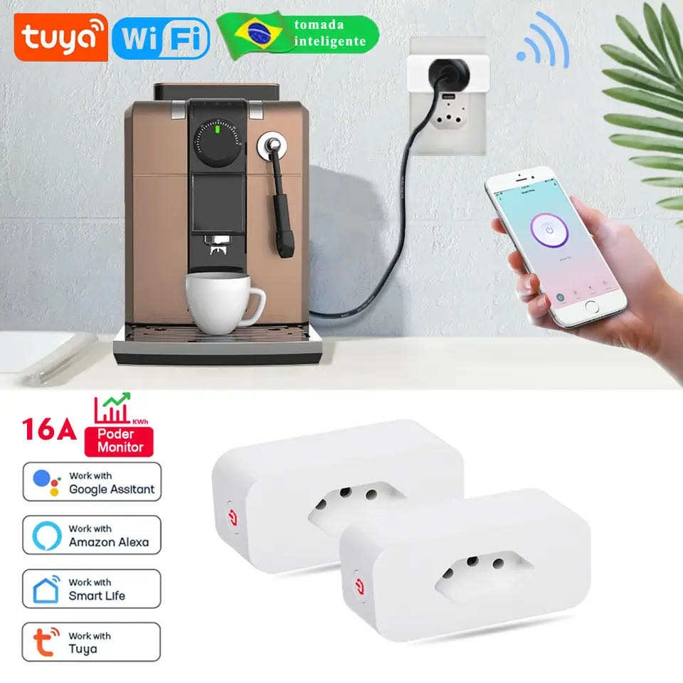 Tuya 16A Brazil Standard WiFi Smart Plug with Power Monitor Smart Life APP Smart Socket Voice Work for Google Home Alexa