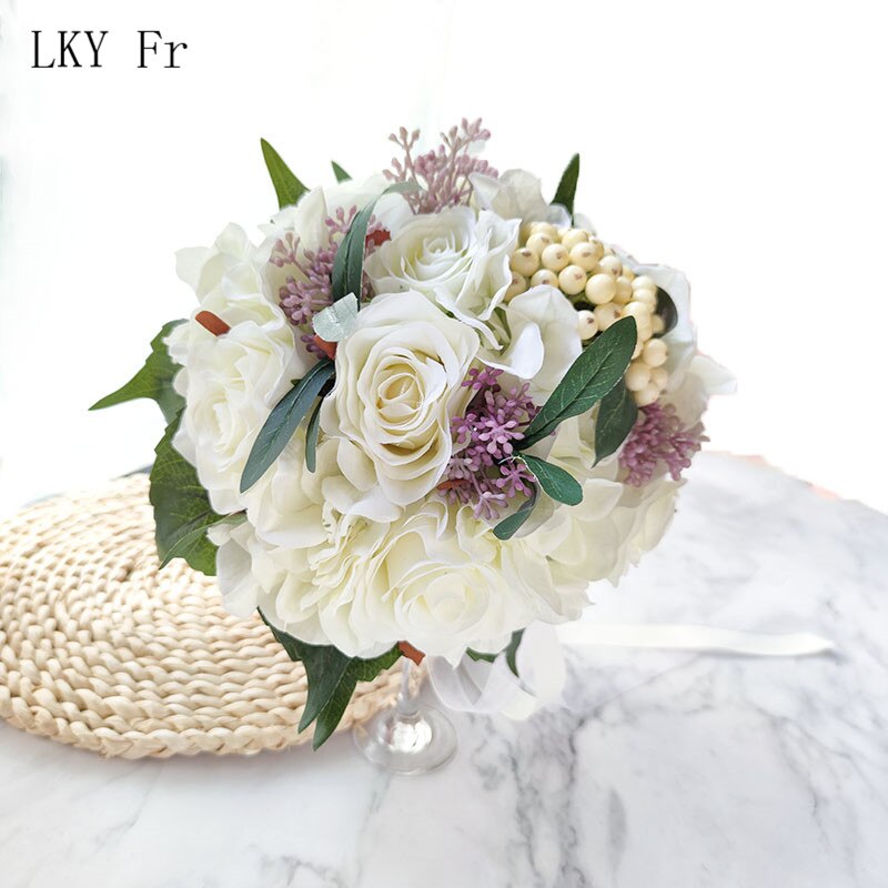 Lky fr bryllupsbukett til brud brudepiker brudebukett hvite roser hortensia kunstige blomster ekteskap hjem tilbehør