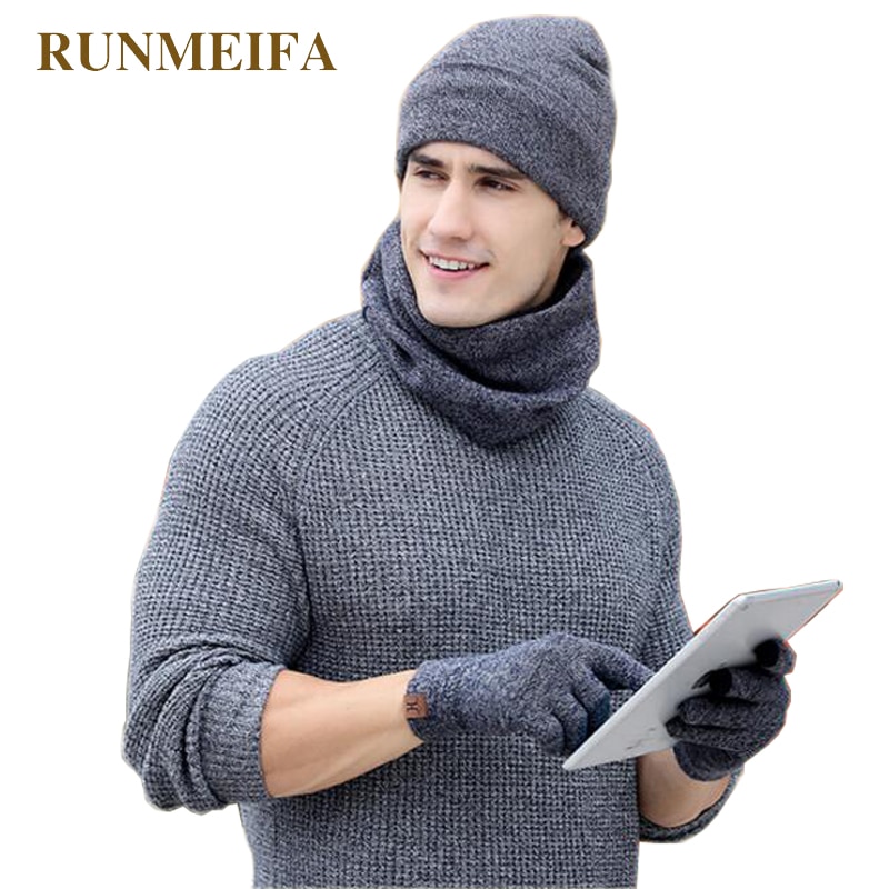 Luxe mannen winter warme Muts & sjaal & Touchscreen handschoenen in voorraad