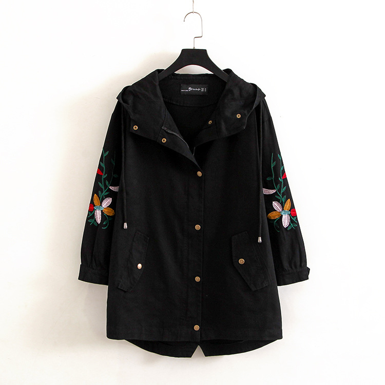 Manteau en coton et chanvre brodé pour femme, taille féminine: Black / 3XL