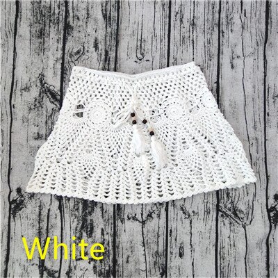 8 Color Hand Crochet Florens Skirt Women Sexy Beach cover up Skirt Boho Style elastic waistband: L / WHITE