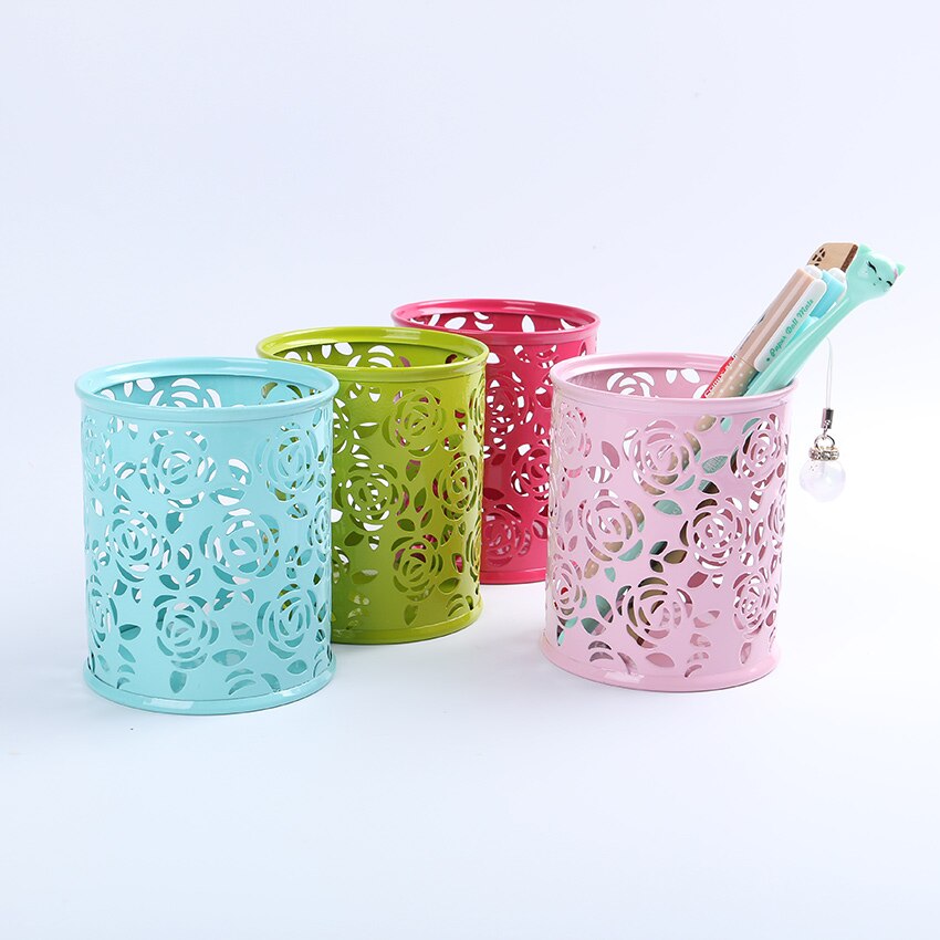 1PC Storage Organizer Hollow Rose Flower Pen Case Pencil Stand Container Stationary Study Round Pen Holders