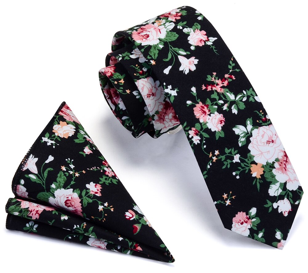 Ricnais 100% Cotton 6cm Slim Pocket Square Necktie Set Red Bule Floral Print Handkerchief Ties Set For Men Party Skinny Neck Tie: 06