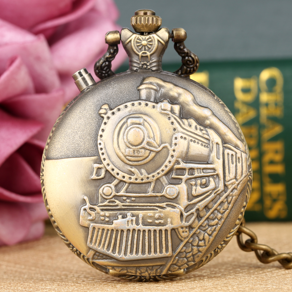 Mode Quartz Zakhorloge Trein Steampunk Brons/Zilver/Gouden Hanger Horloges Unieke Klok met LED Fob horloge reloj