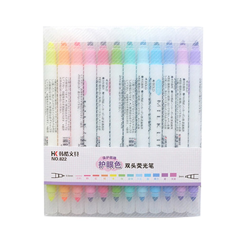 12Pcs/Set Mildliner Highlighter Pen Stationery Double Headed Fluorescent Marker Pen 12 Colors Mark Pen Cute Mildliner