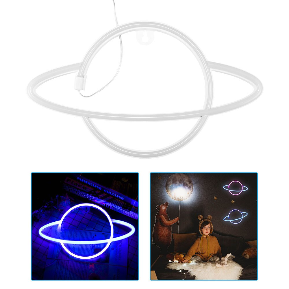 Planet led neon lysskilt julefest bryllup dekorationer børneværelse boligindretning flamingo moon planet party: Blå