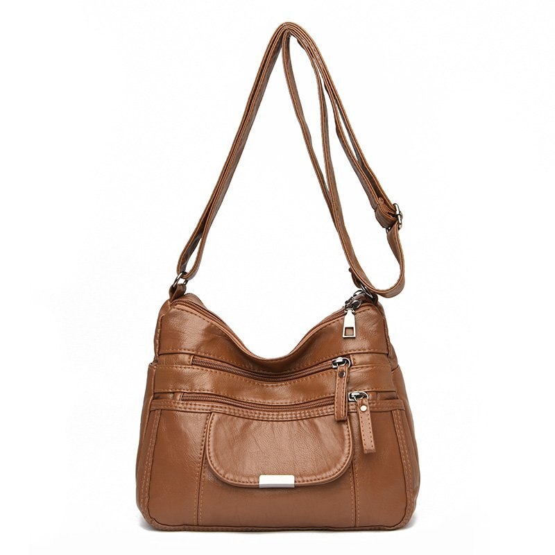 Retro women's bag double zipper shoulder bag soft leather handbag simple messenger bag trend multi-pocket bag: brown