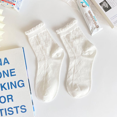 Lolita – chaussettes blanches en dentelle pour femmes, en coton, avec nœud en cœur, style JK: Rhombic Bubble
