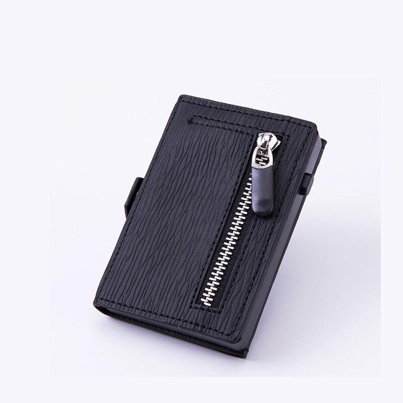 boîtier de carte à glissière automatique RFID antivol porte-carte de crédit en alliage d'aluminium porte-cartes portefeuille pour hommes femmes: Wood grain black