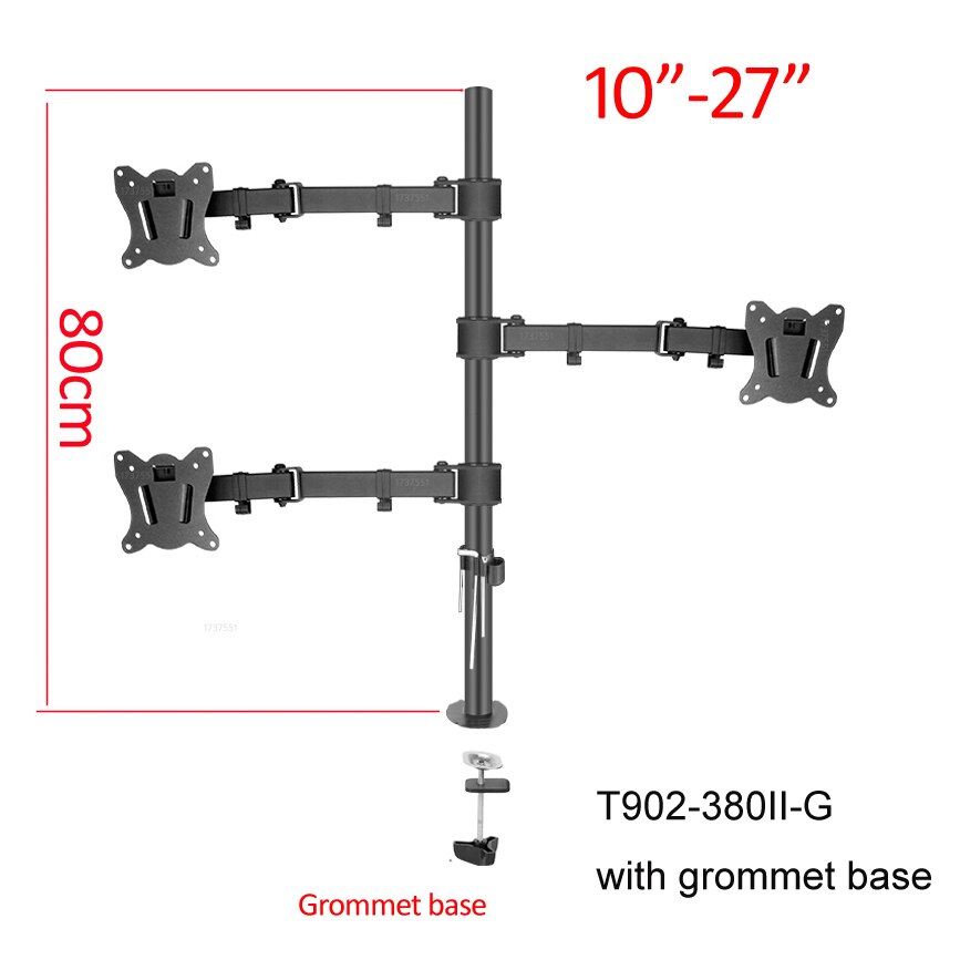 (80cm) DL-T902-380II Full Motion three Monitor desktop stand Holder 10"-27" clamp grommet hole base PC Mount foldable Arm 12kg: DL-T902-380II-G
