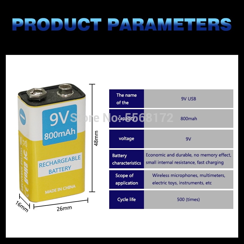 1pcs 9V 800mAh Micro USB Rechargeable Lipo Battery for Multimeter Microphone Remote