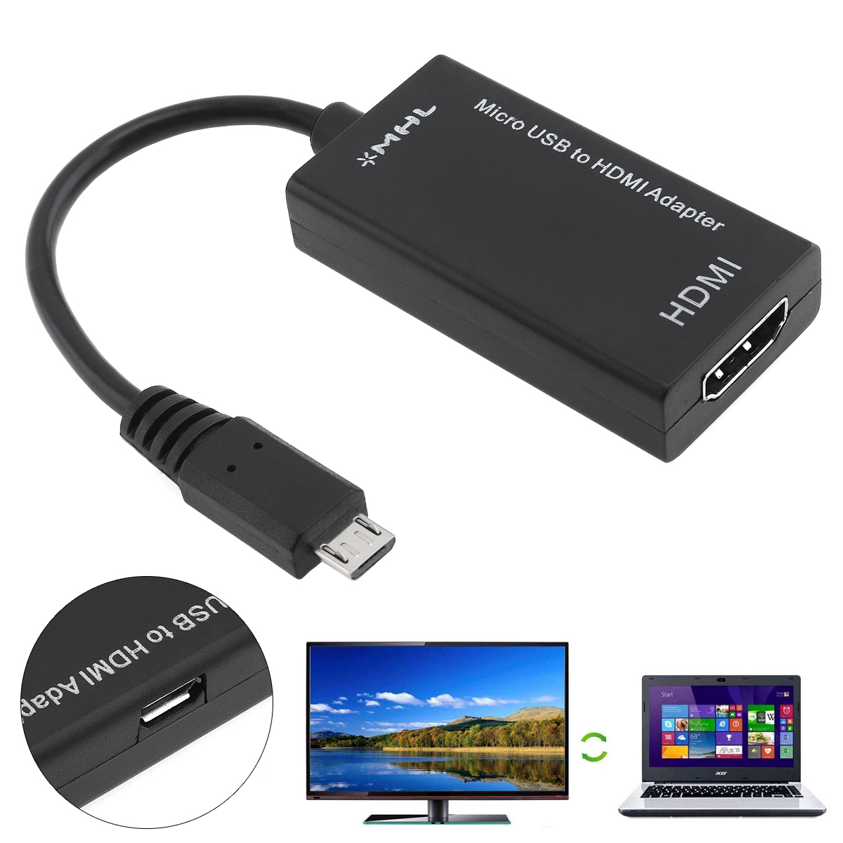 Cable de salida USB Universal Negro HD, Cable de 8cm, adaptador a HDMI, compatible con dispositivos Mhl para televisión HD, compatible con teléfonos móviles 1 unidad