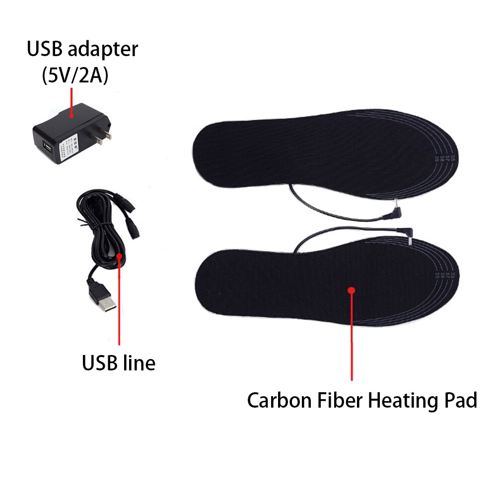 Reusable Washable Men Women Insoles Winter Black USB Electric Heated Shoe Pad Carbon Fiber Cuttable Comfort Dirt Proof: USB adapter / 40 to 44
