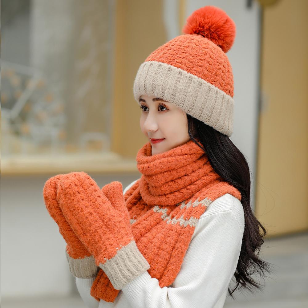 Winter Women's hat and scarf gloves three pieces Girl 'S Hat Wool Hat Beaine Female Cap and scarves Gloves set pink Color