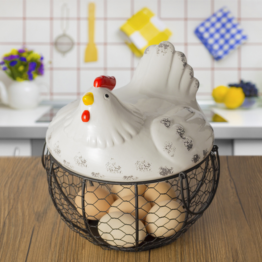 Egg Fruit Ceramic Storage Basket With Lid Large Capacity Mesh Metal Holder Kitchen Supplies Hen Ornament Organizer Container