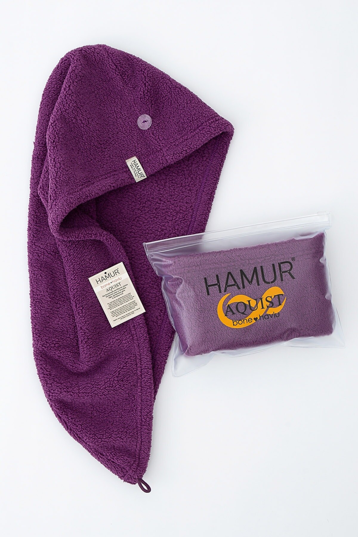 Aquist badhanddoek met knoopjes en haarhanddoek paars