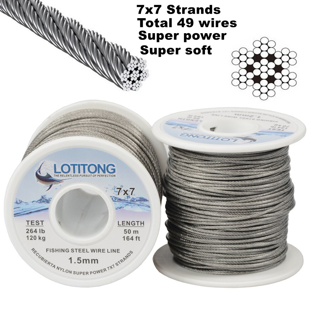 Lotitong 70lb-368lb fiskeri ståltråd fiskelinjer 7 x 7 49 tråde super bløde trådlinjer dækker plast vandtæt lederlinie