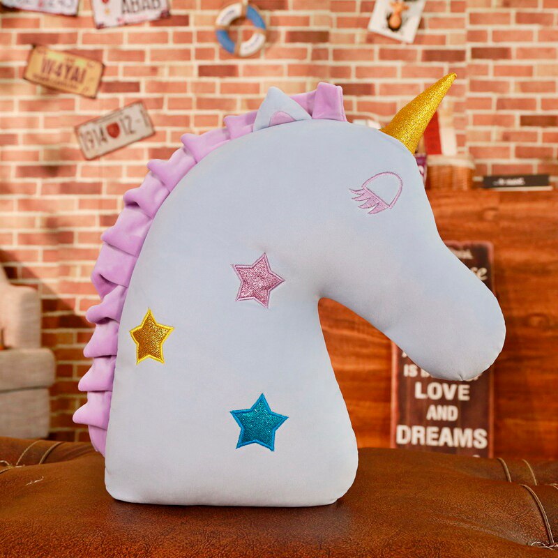 Adorable licorne tête en peluche oreiller flou doux en peluche Animal décor oreiller enfants lit lit jeter oreiller: Blue Head