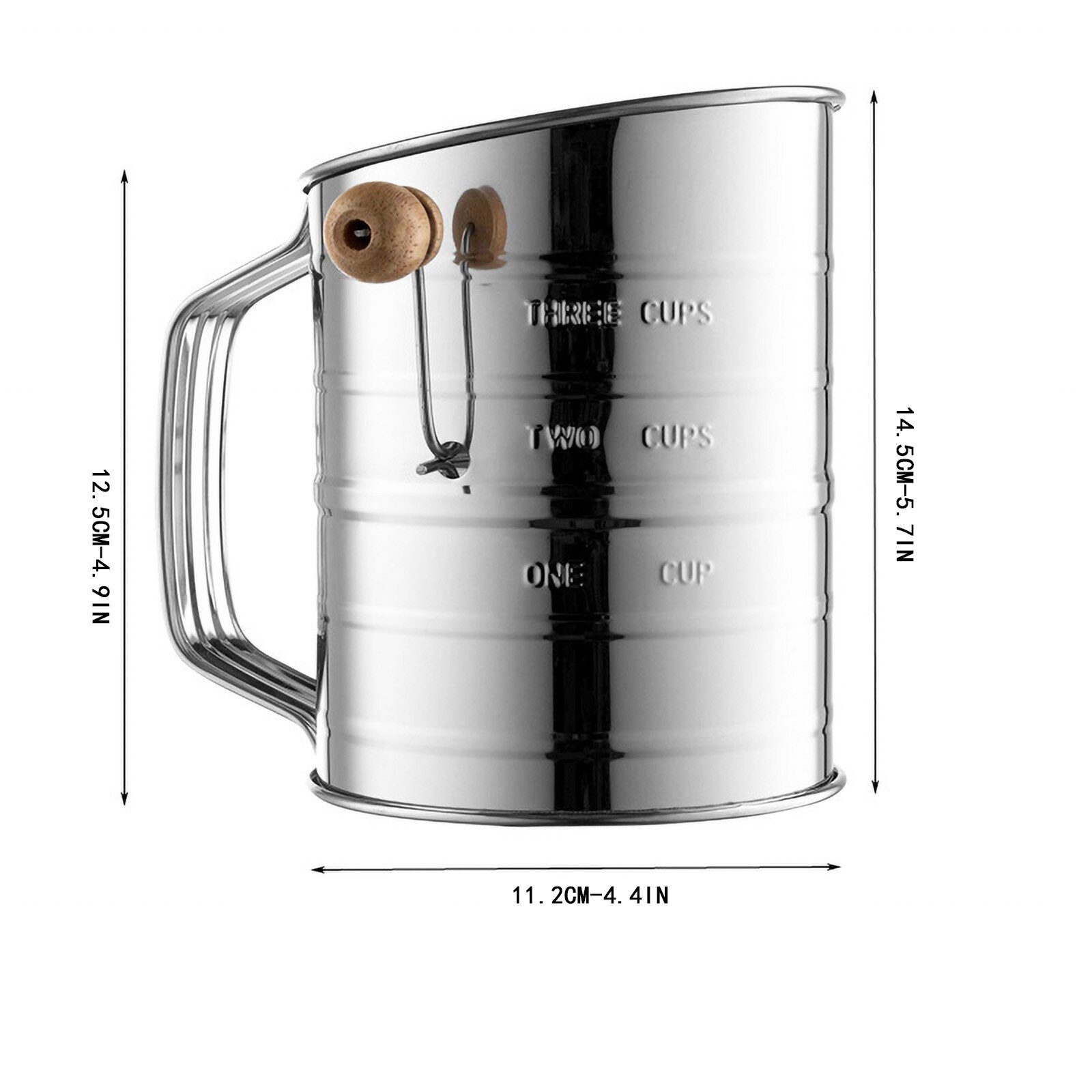 Tamiz de harina de manivela de mano rotativa de acero inoxidable de 3 tazas con 2 cables, agitador, mango de madera, accesorios de cocina, herramientas: B