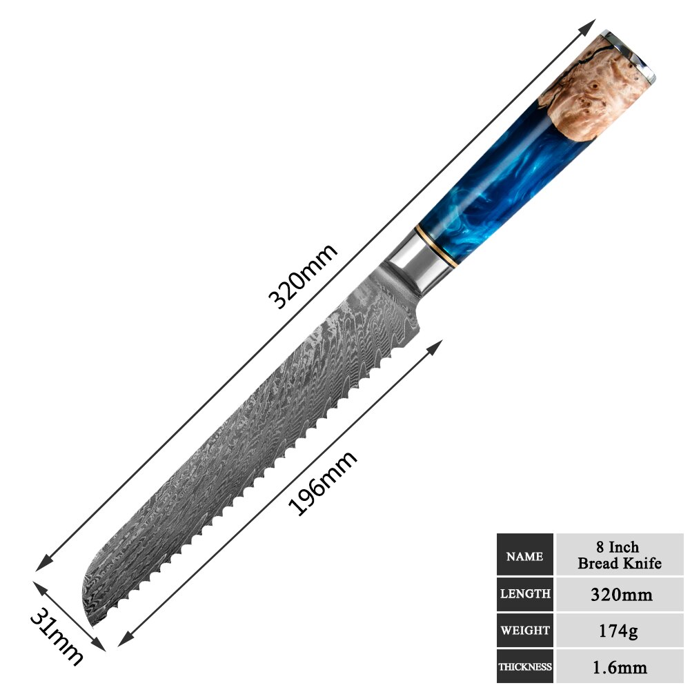 Damascus Steel Butcher Kitchen Chef Knives Set Chopper Meat Chopping Knife Resin Color Wood Handle Cutter Chopper Slicing Tools: 8 inch bread