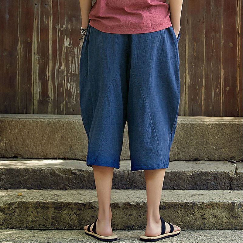 Été hommes décontracté coton lin pantalon large jambe poche lâche rétro cordon élastique taille mollet longueur pantalon pour hommes