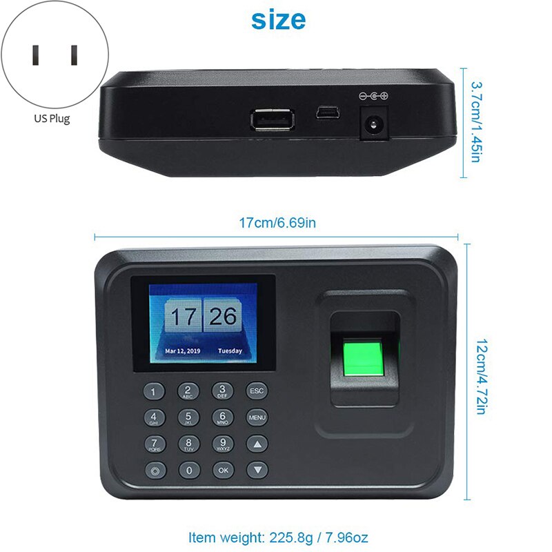 US Plug,H1 ligent Biological Fingerprint Password Attendance Machine Employee Sign-In Recorder