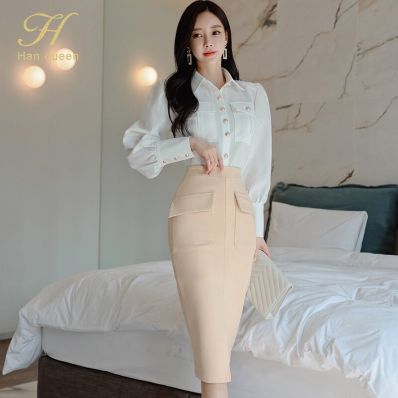 H Han Queen – ensemble chemisier blanc et jupe crayon fourreau fendue pour femme, tenue de bureau coréenne Simple, 2 pièces, printemps: S