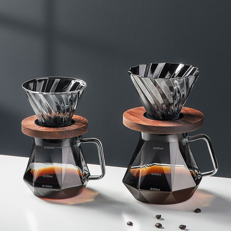 Kaffeekaraffe aus klarem Glas, rautenförmige Kaffeekanne mit wiederverwendbarem Kaffeefilterbecher, Standard-Kaffeekanne aus Glas