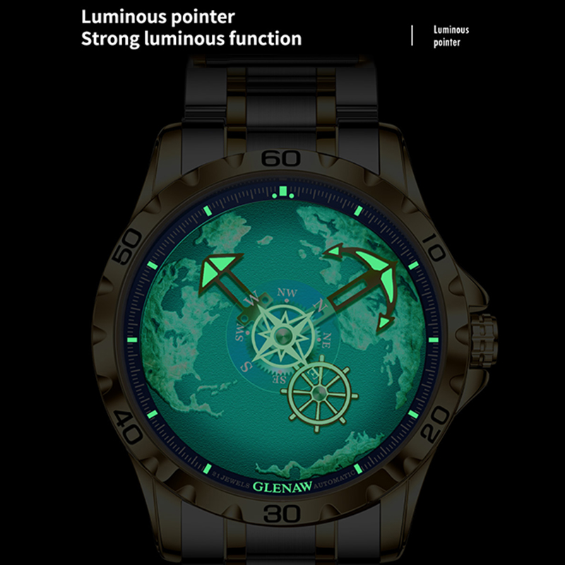 GLENAW Heren Horloges Nautische Serie Reiziger Roestvrij Staal Gloeiend Waterdicht Mechanisch Horloge Heren Klok GL8683