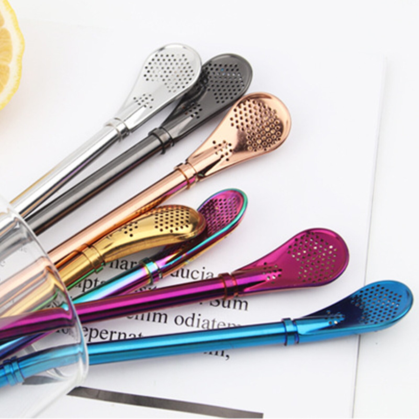 2 in 1 Spoons Stainless Steel Long Handle Drinking Straw Spoon Tea Filter Dessert Spoon Reusable Coffee Stirring Spoon Teaspoon