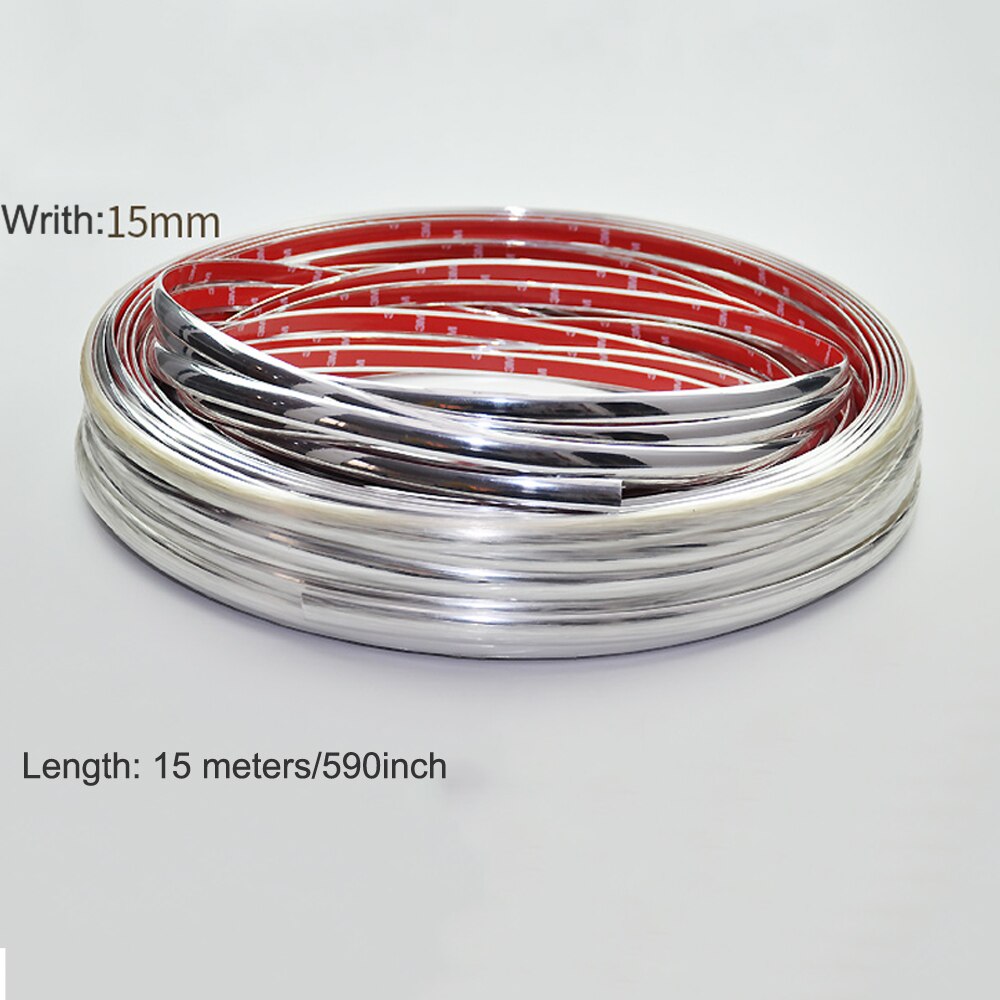 15M Silver Car Chrome Decoration Moulding Trim Strip Tape Universal PVC Bumper Anticollision Sticker 15mm DIY Car Door Protector