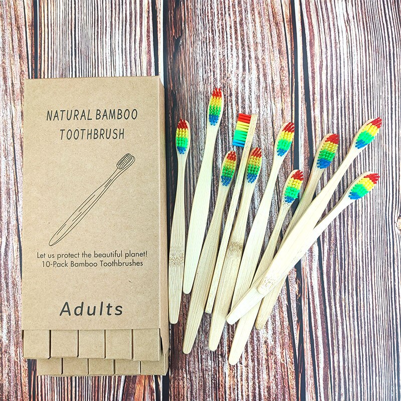 10pcs mixed color bamboo toothbrush Eco Friendly wooden Tooth Brush Soft Tip Charcoal adults oral care with box: 1167-G-1