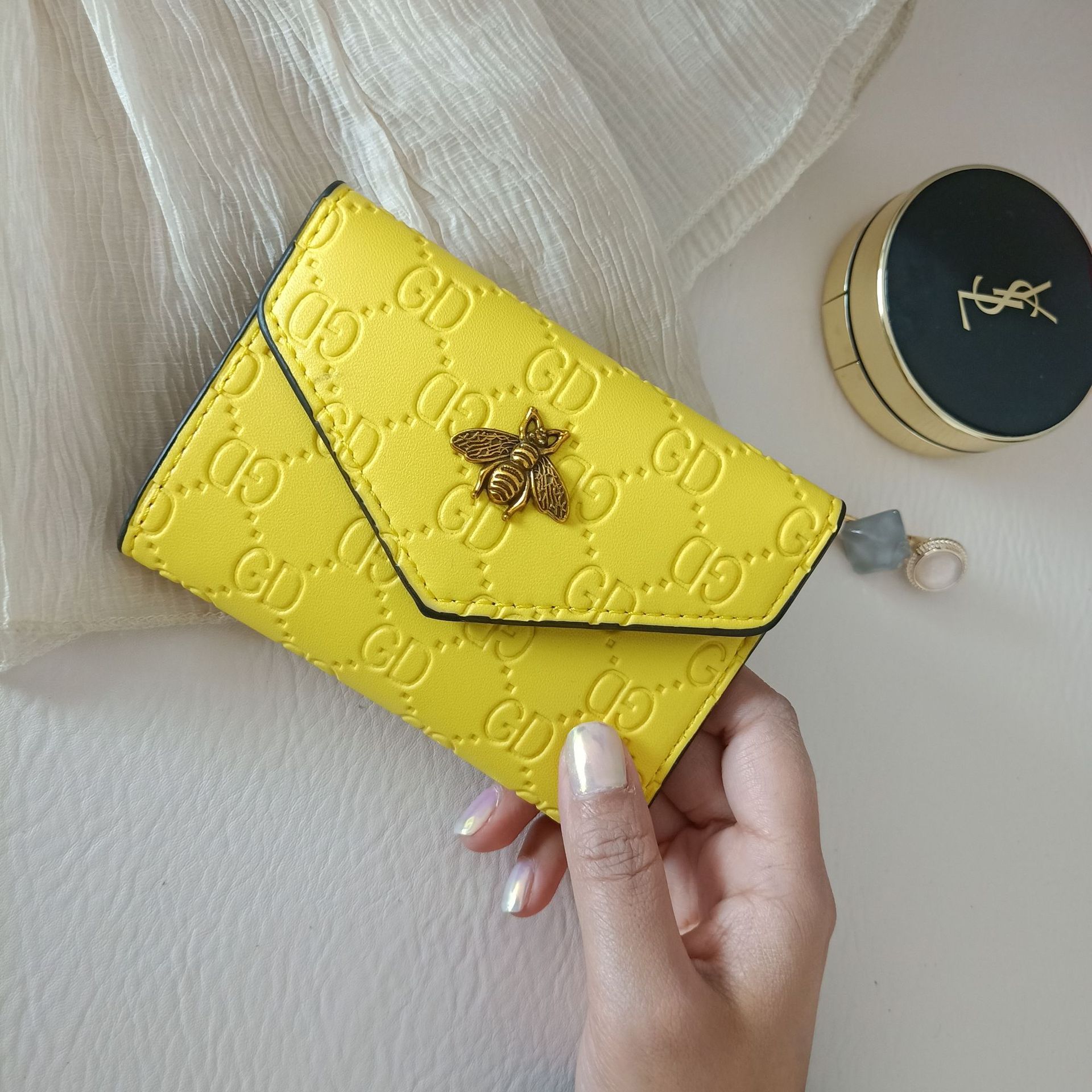 Style-cartera de abeja para mujer, Bolso pequeño triple, tarjetero, sencillo, de piel sintética: yellow GD