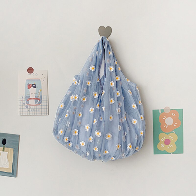 Kleine transparante tas van mesh stof voor dames, handtas met borduurwerk van madeliefjes, eco-bloemkunst, mesh tas, portemonnee voor meisjes