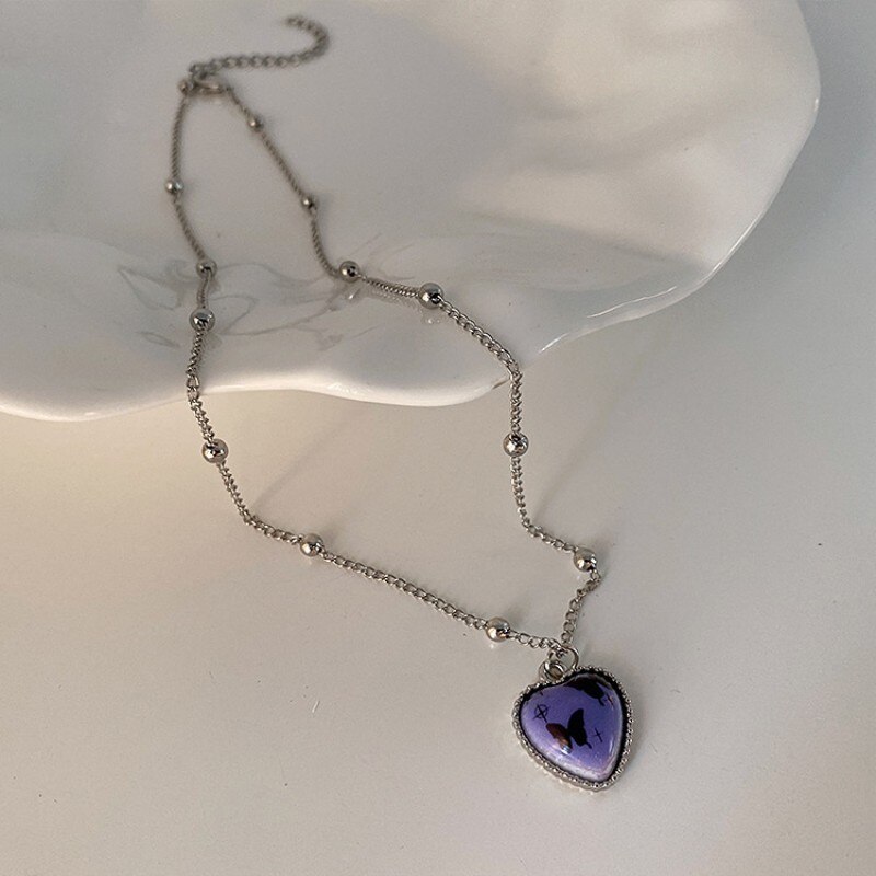 Grün Zebra Streifen Glas Herz Anhänger Titan Stahl Kette Halsketten für Frauen Schlüsselbein Halskette Kristall Emaille Liebe Schmuck: B-Schmetterling