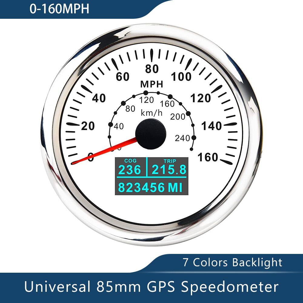 Novo velocímetro de 85mm gps 0-30/60 nós 0-60/80/120/160/200 mph 0-60/120/200km/h com luz de fundo de 7 cores para a motocicleta do barco do carro: 160MWS