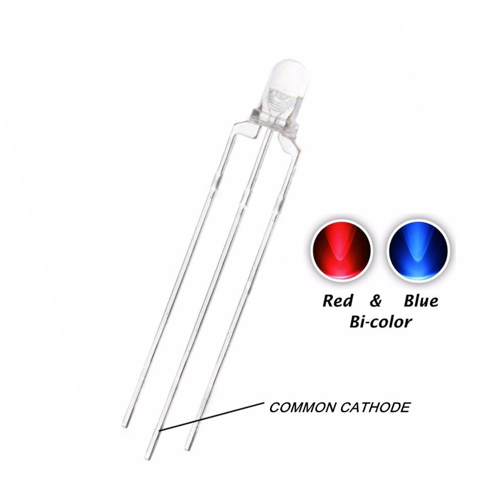 100 Pcs F3 3 Mm Rood + Groen/Rood + Blauw/Blauw + Groen Bicolor Led Dip-3 Water Clear Common Cathode Lampen 20mA Ronde
