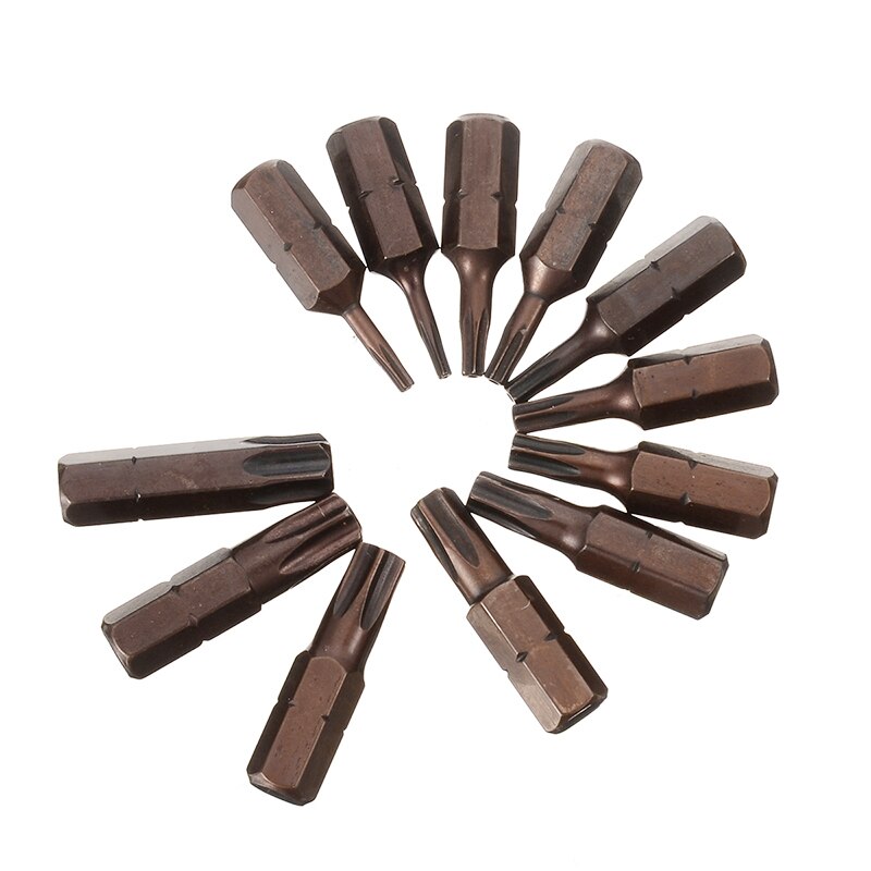 12 stuks  t6-t40 s2 magnetische torx-schroevendraaierbits 1/4 '' beveiligingsschroevendraaierbits van fraudebestendig gelegeerd staal voor boor- en luchtgereedschap