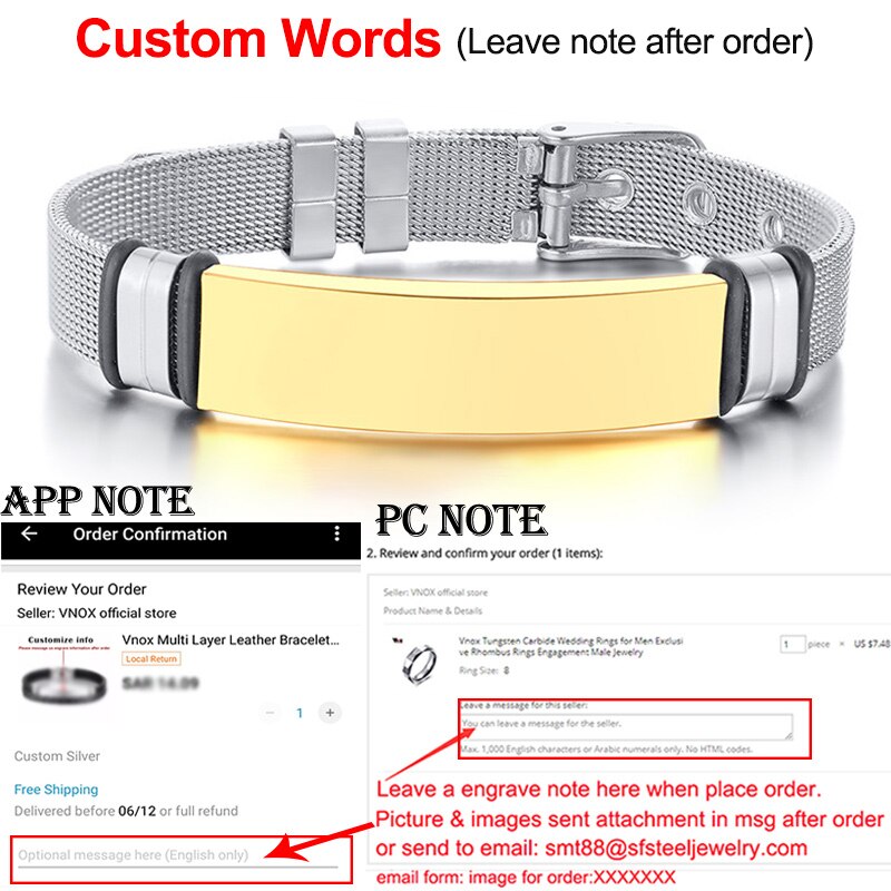 Vnox Heren Rvs Custom Graveren ID Tag Armbanden Lengte Verstelbare met Mesh Horloge Band Pols Sieraden