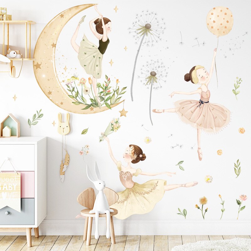 Pegatinas de pared para el hogar, calcomanías de decoración de sala de estar, Mural, Luna, estrella, baile, niñas, papel tapiz de vinilo autoadhesivo extraíble DIY