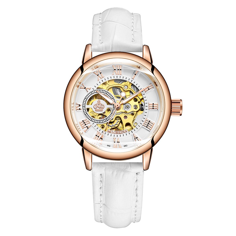 ORKINA Mechanische Frauen Armbinde Uhr Skelett Automatische Armbanduhr Gittergewebe Edelstahl Band Weibliche Uhr schick Reloj Mujer: 082 Weiß L
