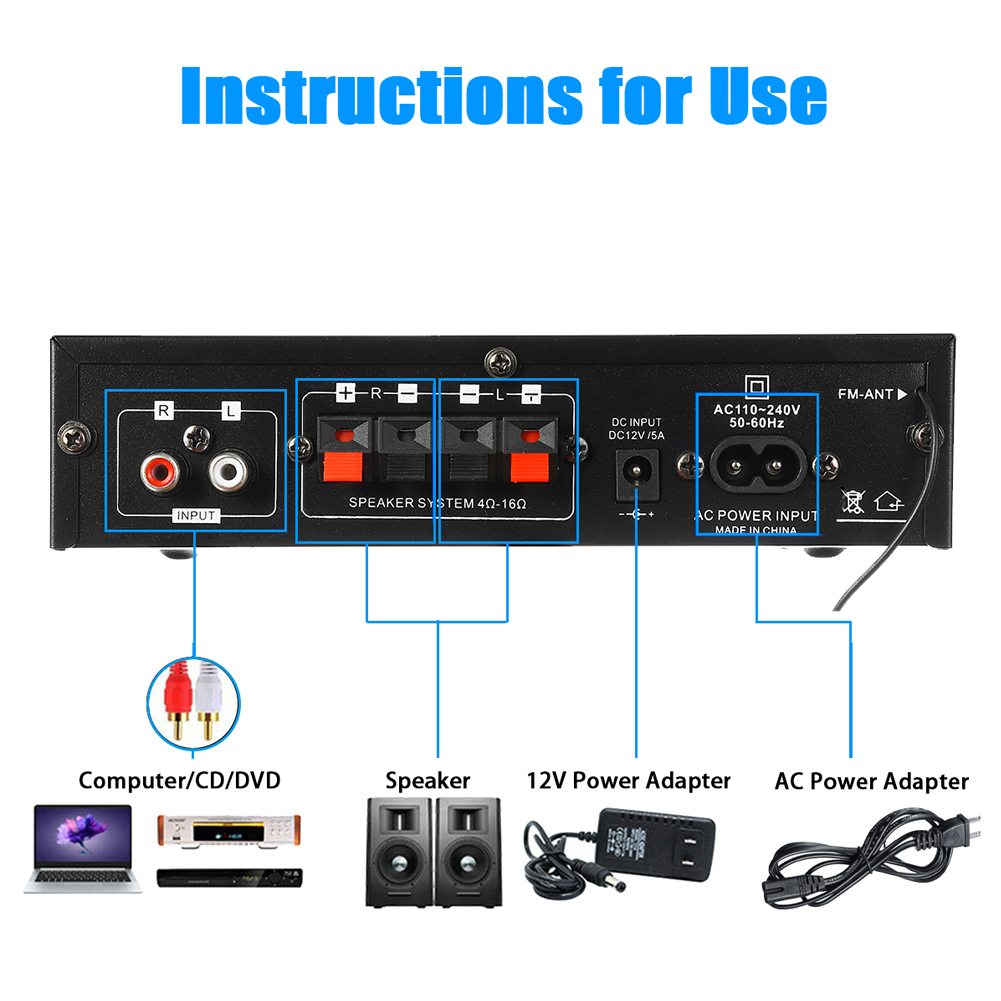 AK35 800W Home Car Amplifiers 2 Channel bluetooth 5.0 Surround Sound FM USB Remote Control Mini HIFI Digital Amplifier Stereo